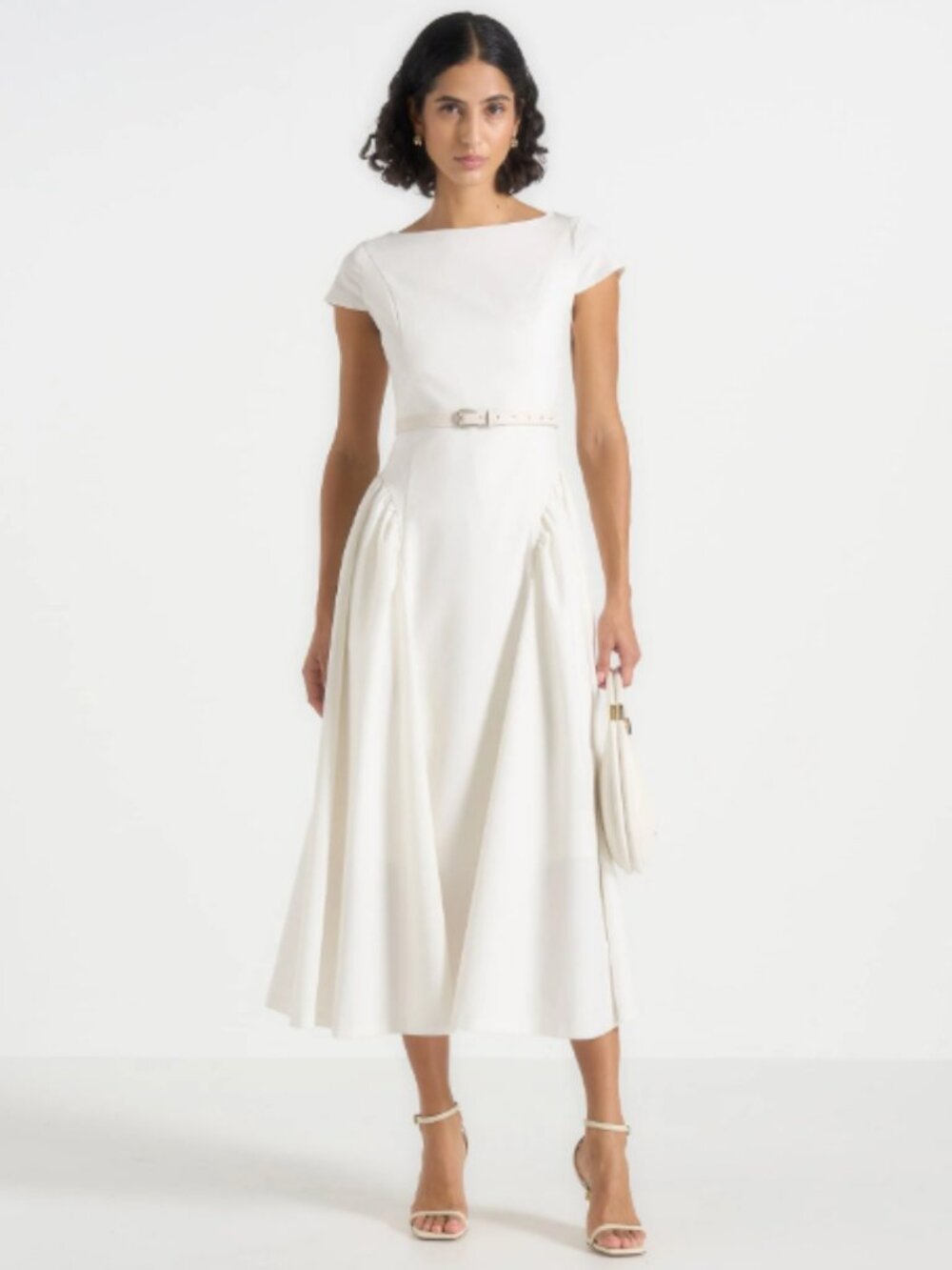 Maniere de Voir Gaia Boat Neck Belted Pleated Midi Dress | White